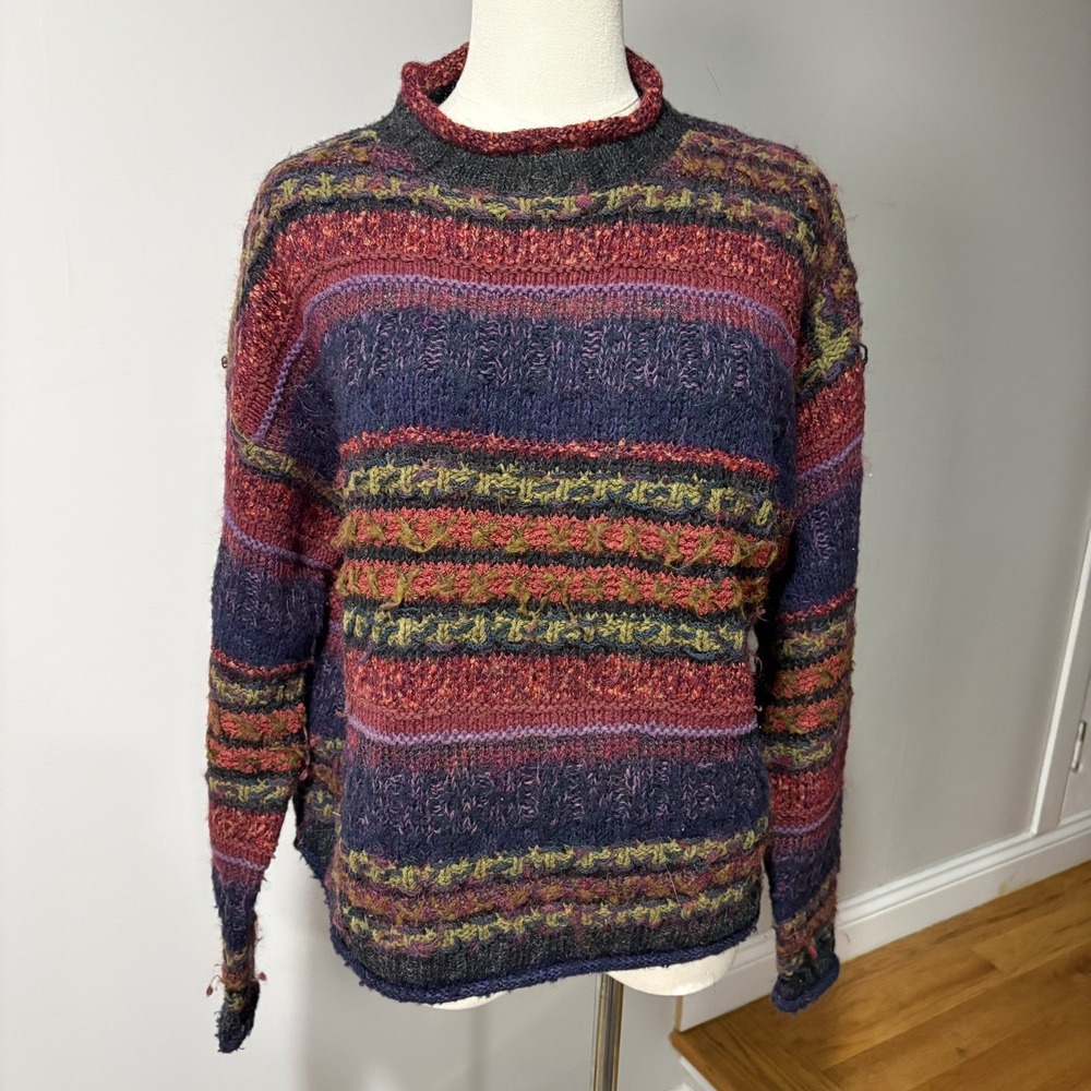 Vtg Coldwater Creek Mock Neck Sweater Wool Blend Womens S Multi Color Stripe 90s